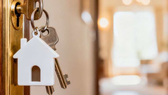 A set of house keys hanging on a brass keyring with a house-shaped keychain on a wooden door with a blurred interior hallway in the background