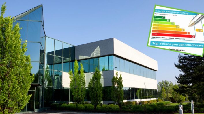 Modern commercial building with an Energy Performance Certificate (EPC) rating graphic