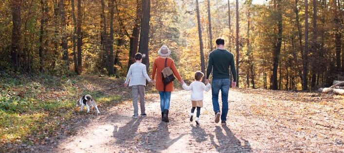 Family walking together through woodland, representing long-term trust planning and protecting future generations.