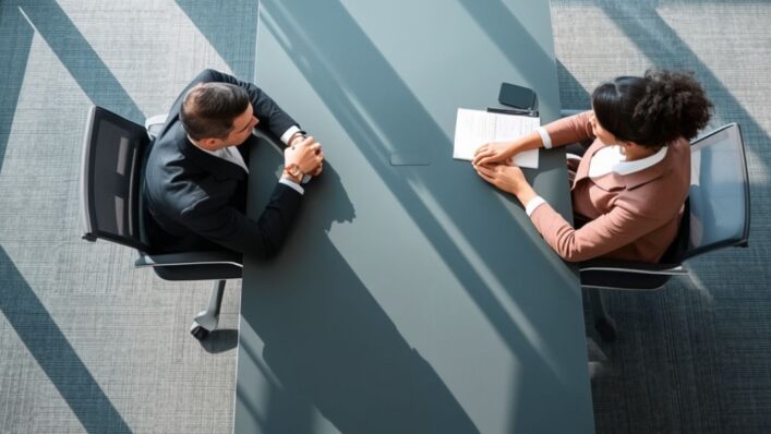 Employer and employee discussing a workplace issue at a meeting